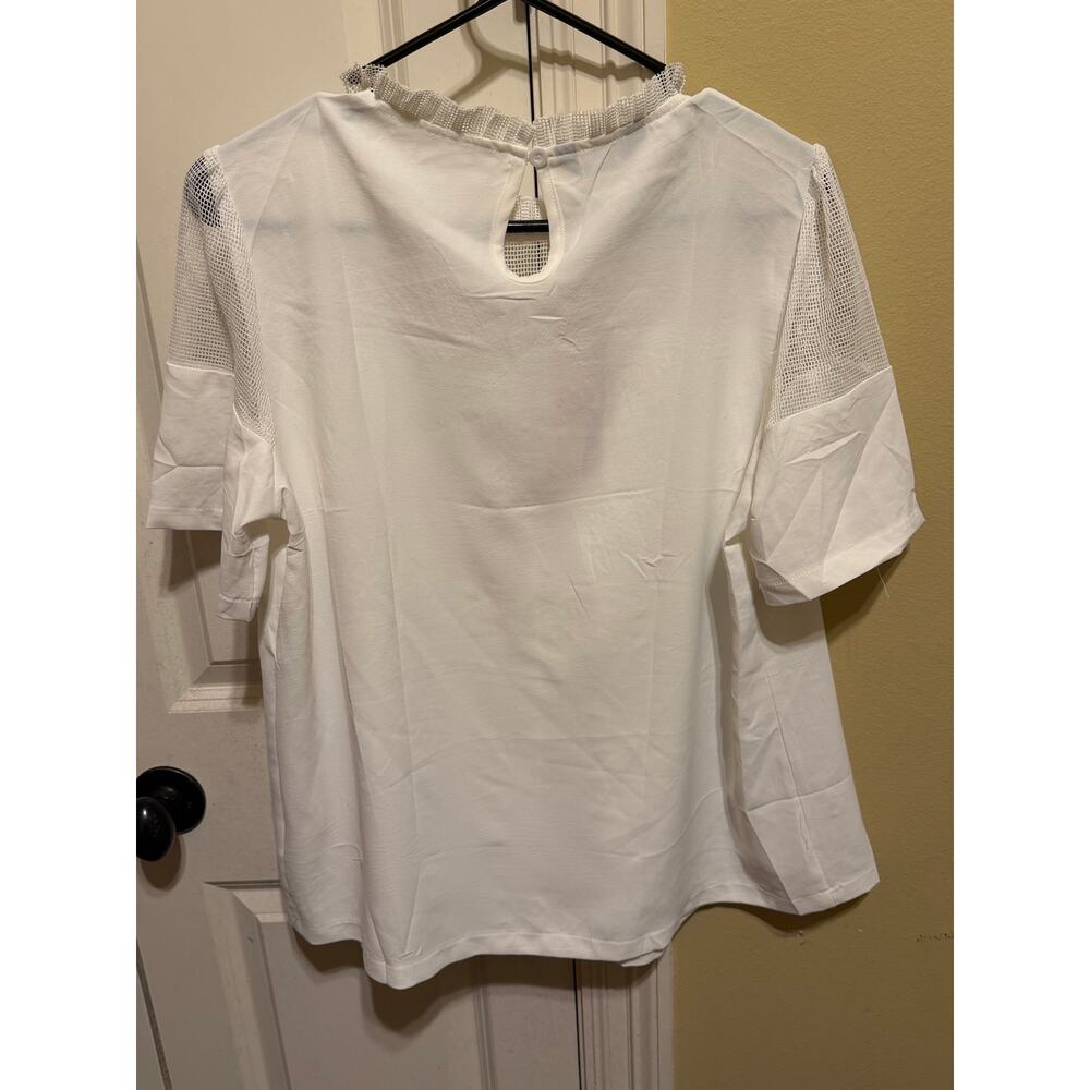 Dokotoo Women's White Lace Mesh Blouse Ruffle Neck Boho Top NWT L - Picture 7 of 9
